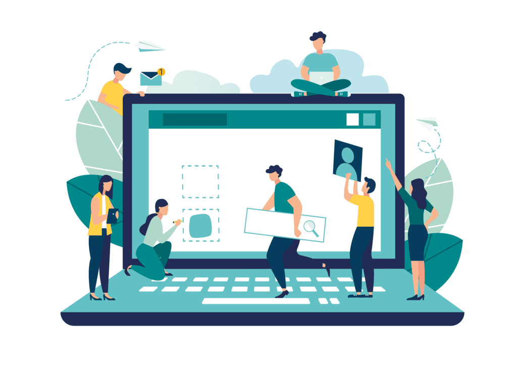 graphical illustration showing daily works of people on a computer