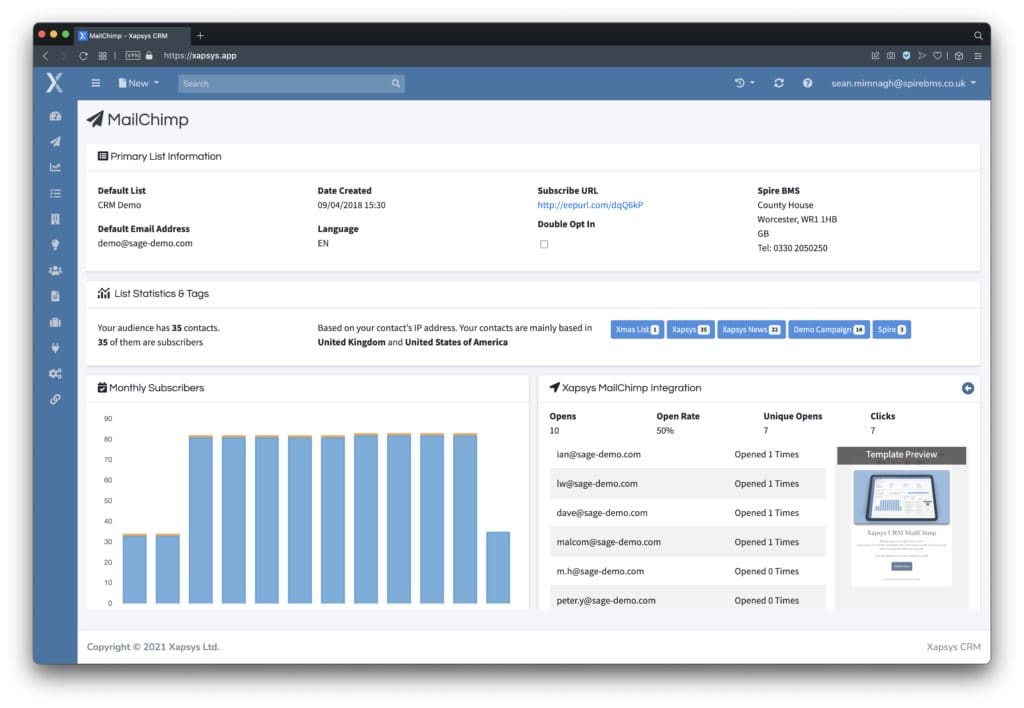 mailchimp overview under xapsys crm software