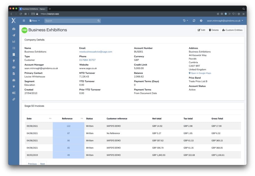 xapsys crm business exhibition dashboard overview